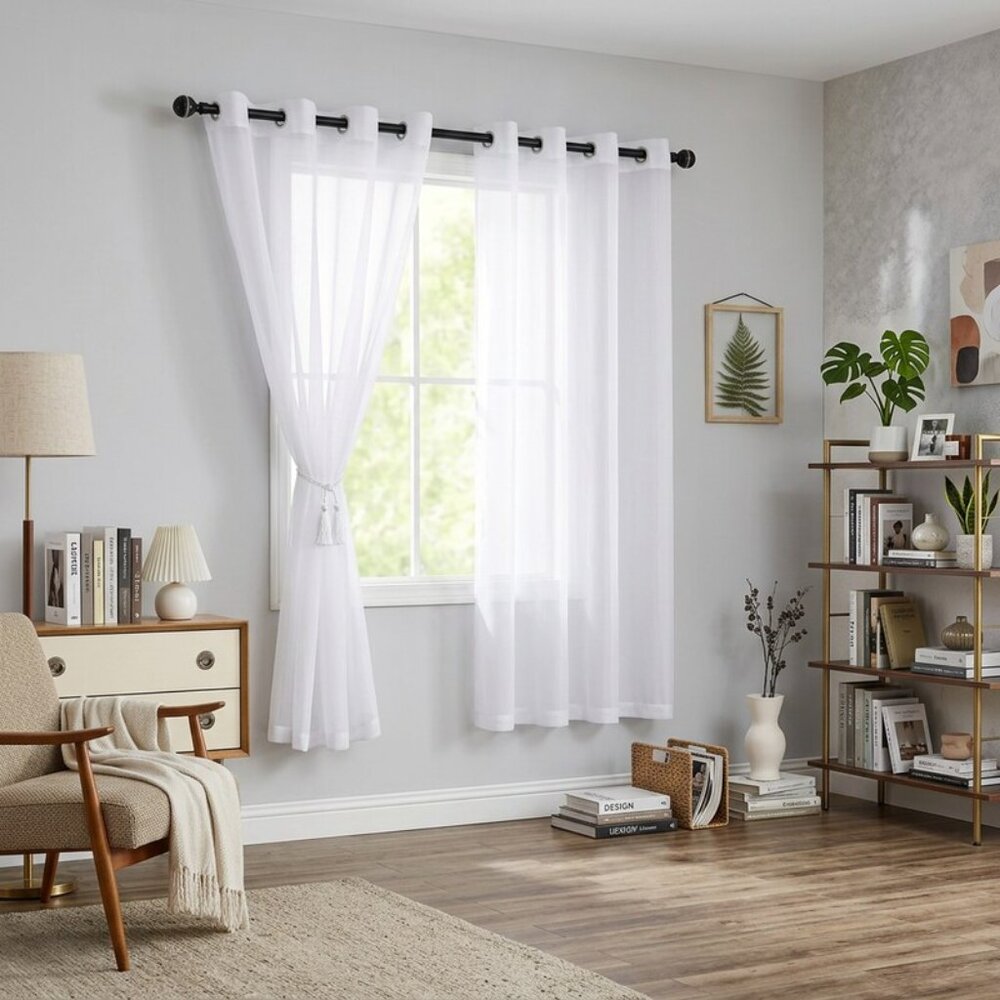 HIASAN White Sheer Curtains for Bedroom With Tiebacks, W52 X L63, 2 Soft Panels